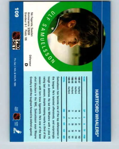 1990-91 Pro Set #109 Ulf Samuelsson NM-MT Whalers hockey card with original gloss