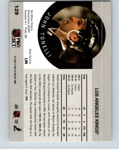 Hockey card back with original gloss from 1990-91 Pro Set featuring John Tonelli