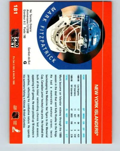 Hockey card featuring Mark Fitzpatrick 1990-91 Pro Set #181 with original gloss sports cards