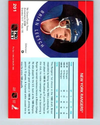 Original gloss 1990-91 Pro Set Brian Leetch hockey card featuring NY Rangers artwork