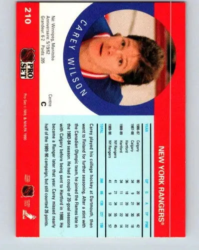 Original gloss Carey Wilson hockey card from 1990-91 Pro Set #210 Near Mint NY Rangers