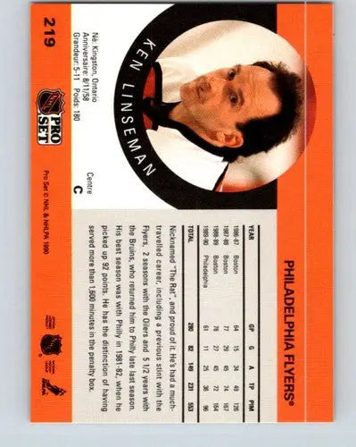 Original gloss 1990-91 Pro Set Ken Linseman hockey card featuring Simply Sandoval Flyers