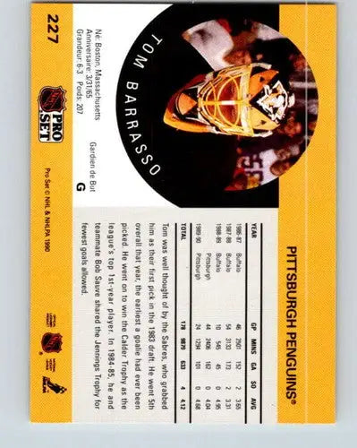 Hockey card back showing original gloss for 1990-91 Pro Set Tom Barrasso Penguins