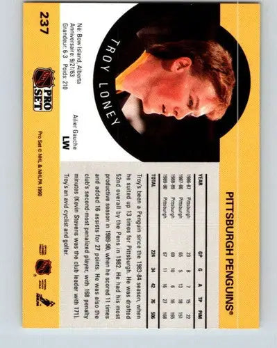 Original gloss of Troy Loney hockey card from 1990-91 Pro Set #237 Penguins