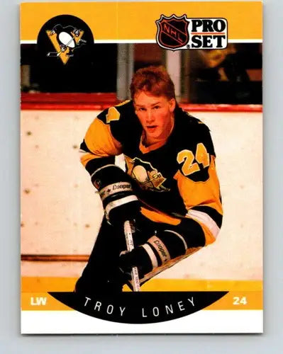 Original gloss 1990-91 Pro Set Troy Loney hockey card featuring Penguins team