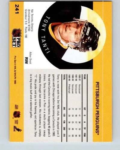 Hockey card back with original gloss for 1990-91 Pro Set Tony Tanti Penguins