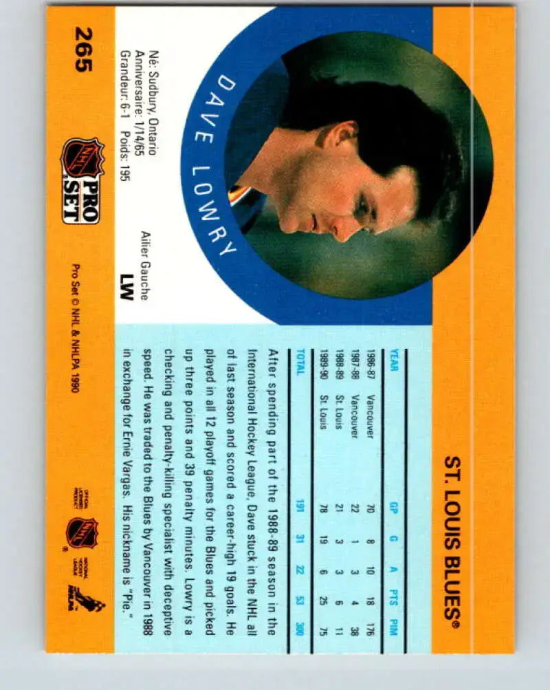 1990-91 Pro Set #265 Dave Lowry NM Near Mint Blues - Hockey Card Single
