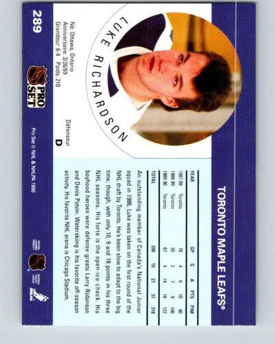 1990-91 Pro Set #289 Luke Richardson NM Near Mint Maple Leafs - Hockey Card Single