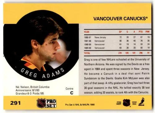 1990-91 Pro Set #291 Greg Adams NM Near Mint Canucks ID:43133 - Hockey Card Single