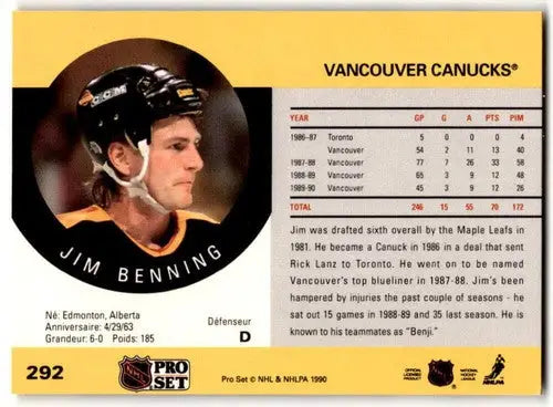 Pro Set Jim Benning hockey card 1990-91 original gloss near mint Canucks ID 43134