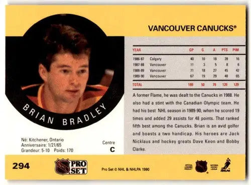 1990-91 Pro Set #294 Brian Bradley NM Near Mint Canucks ID:43136 - Hockey Card Single