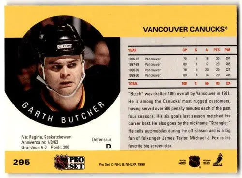 1990-91 Pro Set #295 Garth Butcher NM Near Mint Canucks ID:43137 - Hockey Card Single