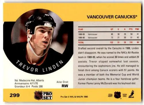 1990-91 Pro Set #299 Trevor Linden NM Near Mint Canucks ID:43141 - Hockey Card Single