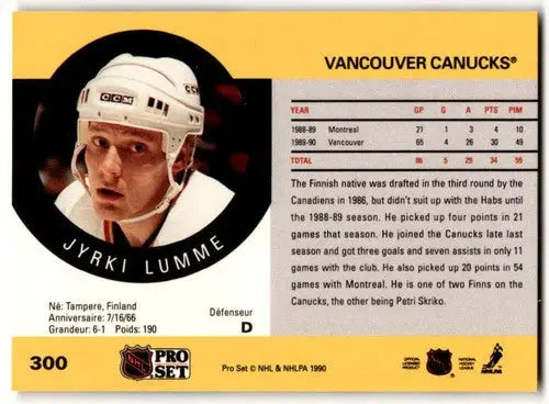 1990-91 Pro Set #300 Jyrki Lumme NM Near Mint RC Rookie Canucks ID:43142 - Hockey Card Single