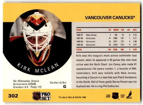 1990-91 Pro Set #302 Kirk McLean NM Near Mint Canucks ID:43144 - Hockey Card Single