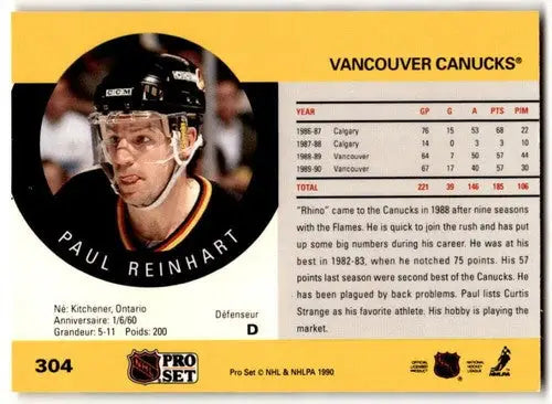 1990-91 Pro Set #304 Paul Reinhart NM Near Mint Canucks ID:43146 - Hockey Card Single