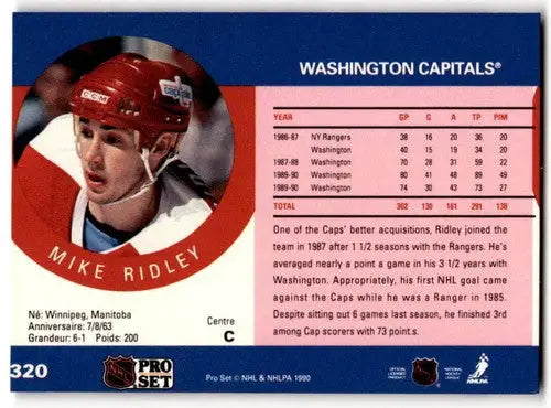 Original gloss hockey trading card of Mike Ridley from 1990-91 Pro Set Capitals