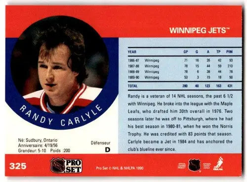 1990-91 Pro Set #325 Randy Carlyle NM Near Mint Winn Jets ID:43167 - Hockey Card Single