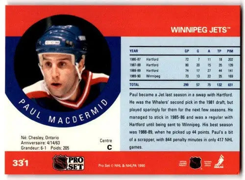 1990-91 Pro Set #331 Paul MacDermid EX/NM Winn Jets ID:43173 - Hockey Card Single