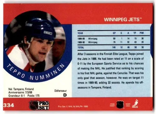 1990-91 Pro Set #334 Teppo Numminen EX Excellent RC Rookie Winn Jets ID:43176 - Hockey Card Single