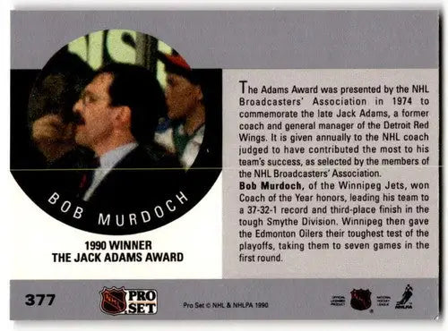 1990-91 Pro Set #377 Bob Murdoch Adams NM Near Mint Winn Jets ID:43219 - Hockey Card Single