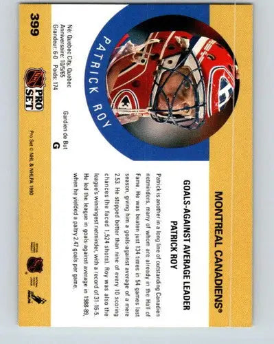 1990-91 Pro Set #399 Patrick Roy NM-MT Canadiens LL ID:43240 - Hockey Card Single