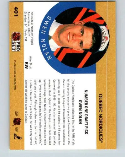 1990-91 Pro Set #401 Owen Nolan NM-MT RC Rookie Nordiques ID:43242 - Hockey Card Single