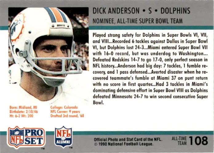 1990-91 Pro Set Super Bowl XXV Silver Anniversary #108 Dick Anderson - Football Card Single