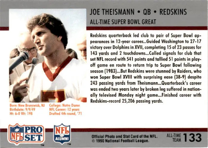 1990-91 Pro Set Super Bowl XXV Silver Anniversary #133 Joe Theismann - Football Card Single