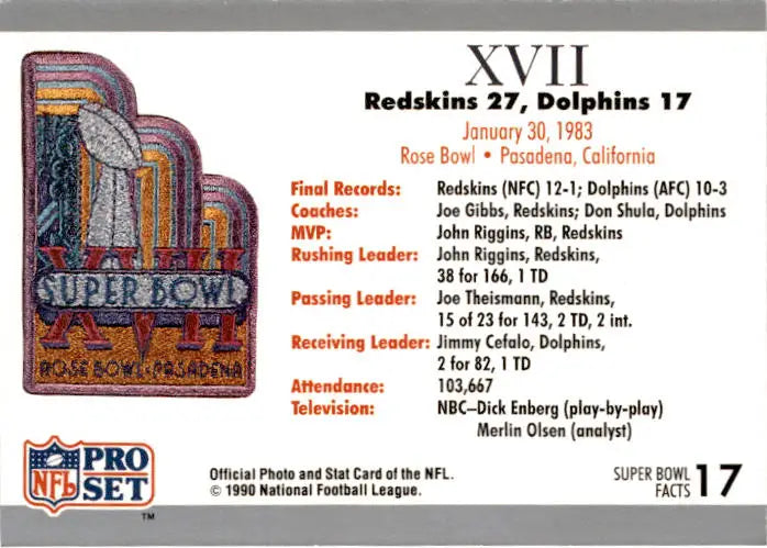 1990-91 Pro Set Super Bowl XXV Silver Anniversary #17 SB XVII Ticket SBXVII - Football Card Single