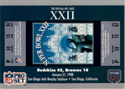 1990-91 Pro Set Super Bowl XXV Silver Anniversary #22 SB XXII Ticket SBXXII - Football Card Single