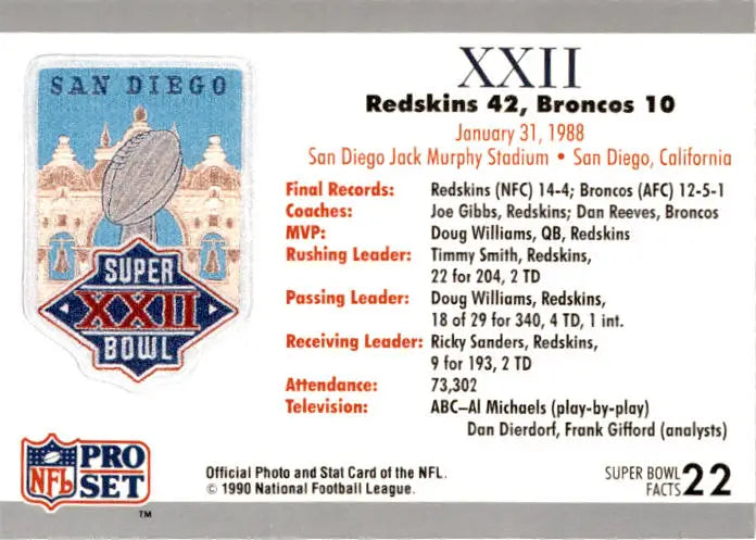 1990-91 Pro Set Super Bowl XXV Silver Anniversary #22 SB XXII Ticket SBXXII - Football Card Single