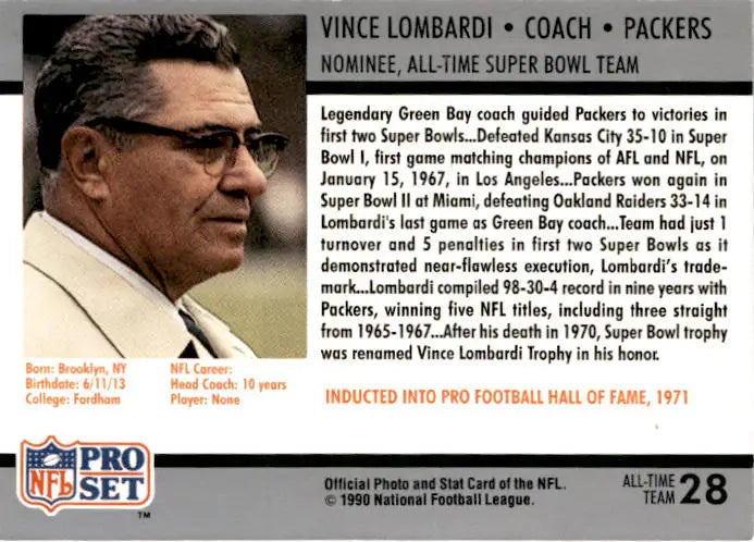 1990-91 Pro Set Super Bowl XXV Silver Anniversary #28 Vince Lombardi - Football Card Single