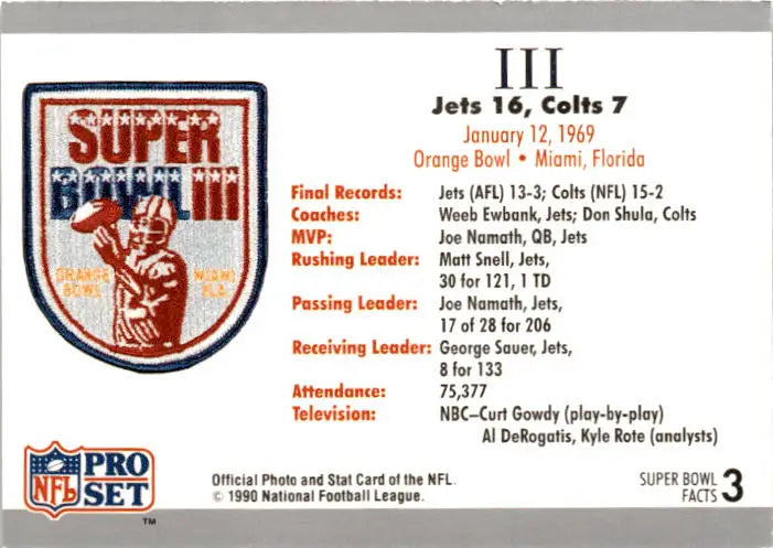 1990-91 Pro Set Super Bowl XXV Silver Anniversary #3 SB III Ticket SBIII - Football Card Single