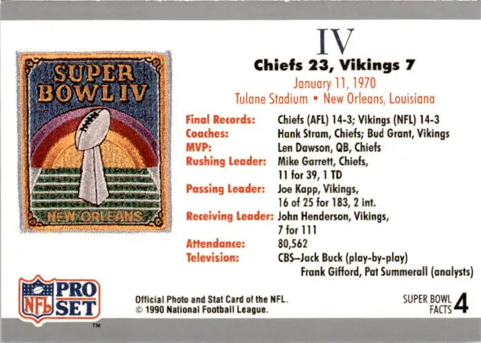 1990-91 Pro Set Super Bowl XXV Silver Anniversary #4 SB IV Ticket SBIV - Football Card Single