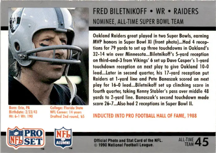 1990-91 Pro Set Super Bowl XXV Silver Anniversary #45 Fred Biletnikoff - Football Card Single