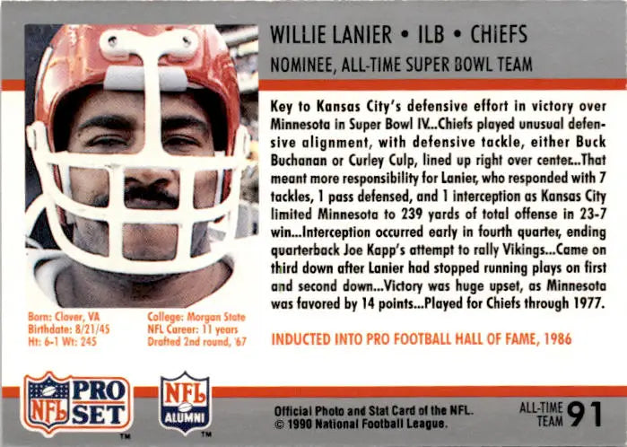 1990-91 Pro Set Super Bowl XXV Silver Anniversary #91 Willie Lanier - Football Card Single