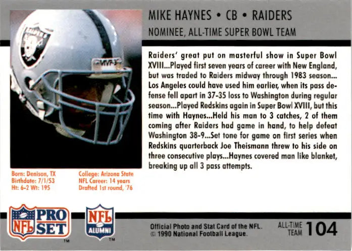 1990-91 Pro Set Super Bowl XXV Silver Anniversary Commemorative #104 Mike Haynes - Football Card Single