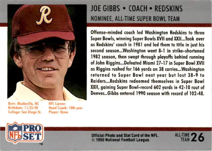 1990-91 Pro Set Super Bowl XXV Silver Anniversary Commemorative #26 Joe Gibbs - Football Card Single