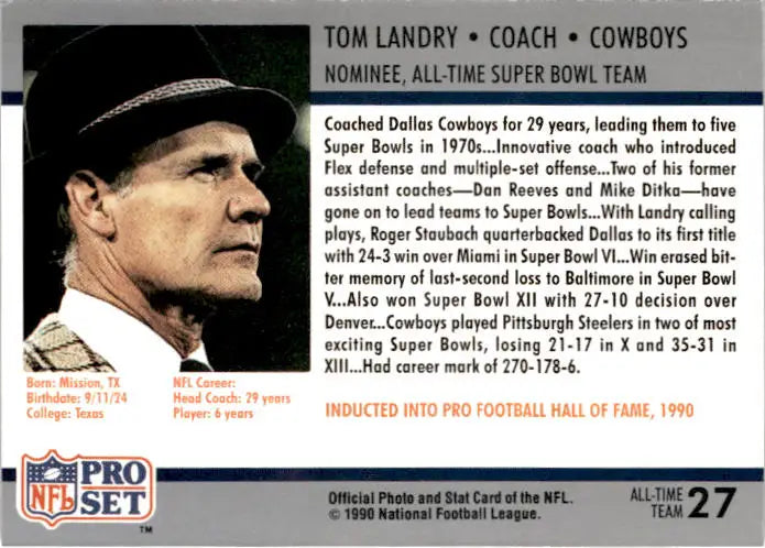1990-91 Pro Set Super Bowl XXV Silver Anniversary Commemorative #27 Tom Landry - Football Card Single