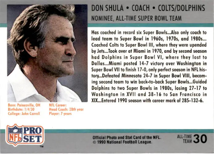 1990-91 Pro Set Super Bowl XXV Silver Anniversary Commemorative #30 Don Shula - Football Card Single