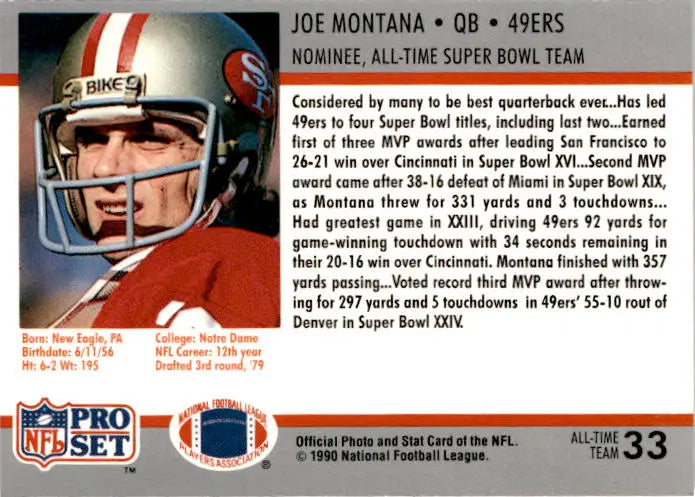 1990-91 Pro Set Super Bowl XXV Silver Anniversary Commemorative #33 Joe Montana - Football Card Single