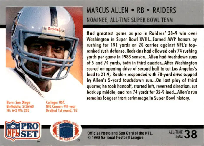 1990-91 Pro Set Super Bowl XXV Silver Anniversary Commemorative #38 Marcus Allen - Football Card Single