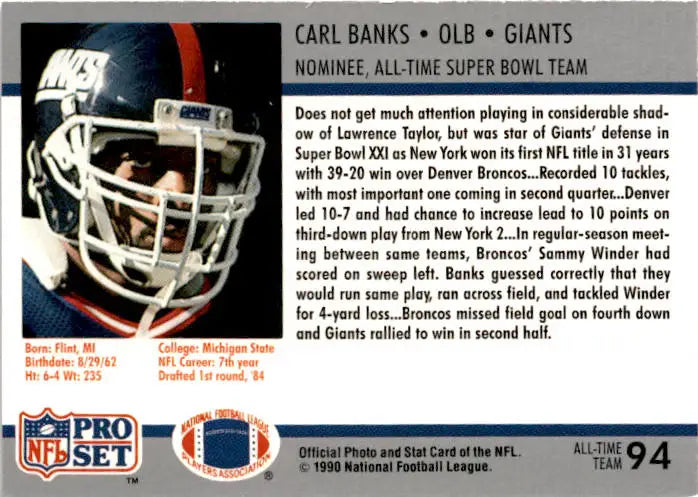 1990-91 Pro Set Super Bowl XXV Silver Anniversary Commemorative #94 Carl Banks - Football Card Single