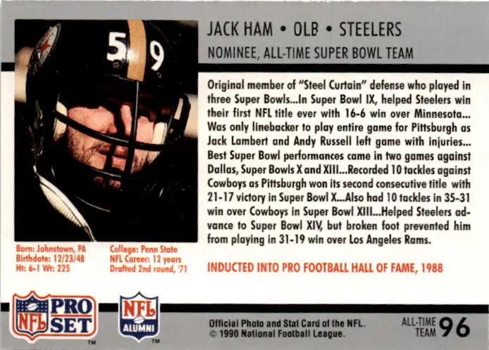 1990-91 Pro Set Super Bowl XXV Silver Anniversary Commemorative #96 Jack Ham - Football Card Single
