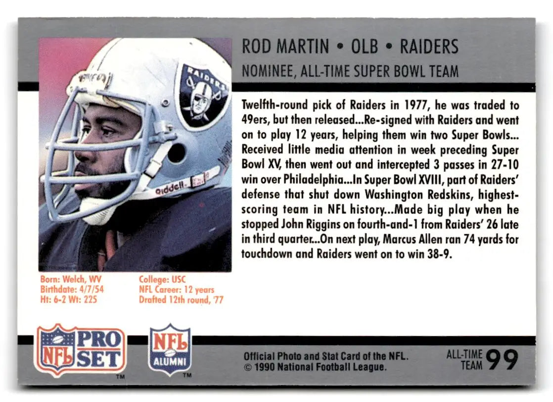 1990-91 Pro Set Super Bowl XXV Silver Anniversary Commemorative #99 Rod Martin - Football Card Single