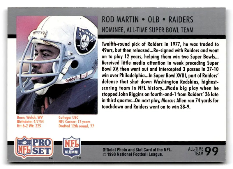 1990-91 Pro Set Super Bowl XXV Silver Anniversary Commemorative #99 Rod Martin - Football Card Single