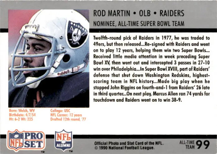 1990-91 Pro Set Super Bowl XXV Silver Anniversary Commemorative #99 Rod Martin - Football Card Single