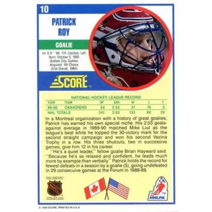 1990-91 Score #10 Patrick Roy NM-MT Montreal Canadiens Hockey Card - Hockey Card Single