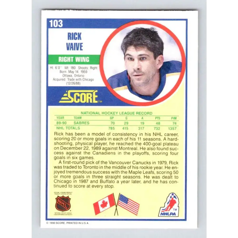 1990-91 Score #103 Rick Vaive NM-MT Buffalo Sabres Hockey Card - Hockey Card Single